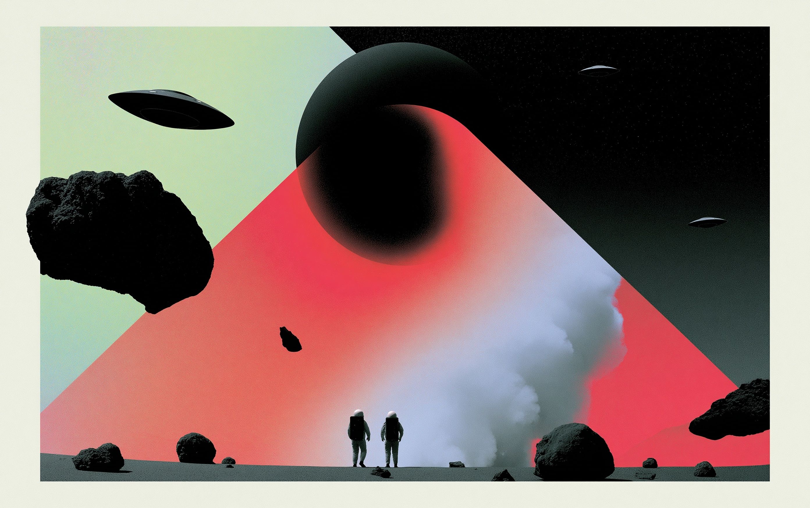 1950s retro science fiction illustration featuring astronauts and detailed UFOs