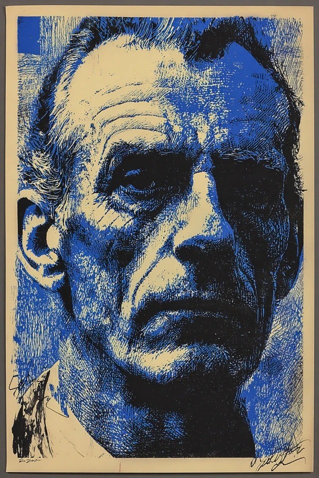 Bold woodcut style with a blue-black-cream palette