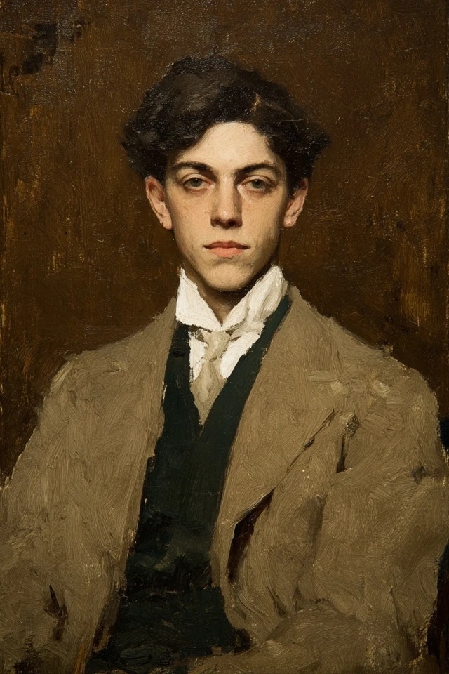 Das ist ein klassisches Ölgemälde mit erdigen Brauntönen, gedeckten Tönen und tiefschwarzen Farben, das sichtbare Pinselstriche und warmes Licht zeigt, geeignet für historische Dramen und Ausstellungen