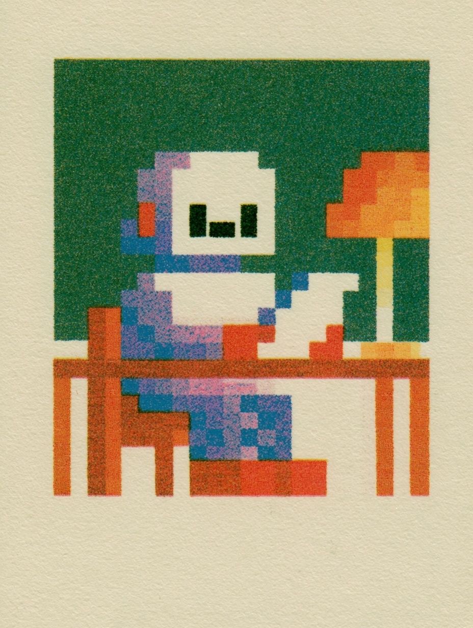 A tiny robot is sitting at a wooden desk holding a hand-drawn sketchbook under warm lamp light