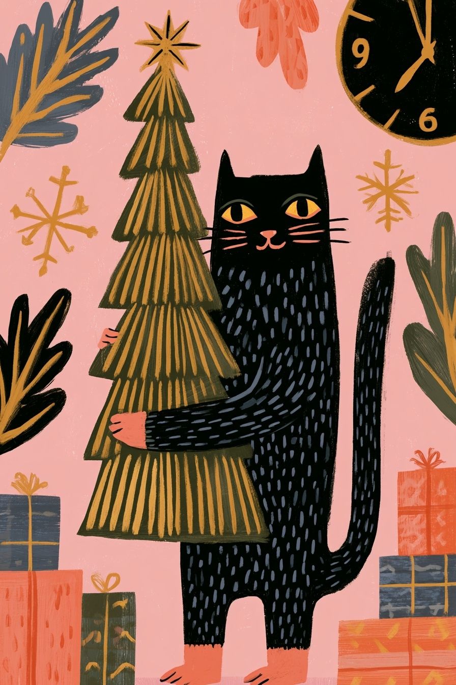 Un gato sosteniendo un árbol de Navidad y regalos