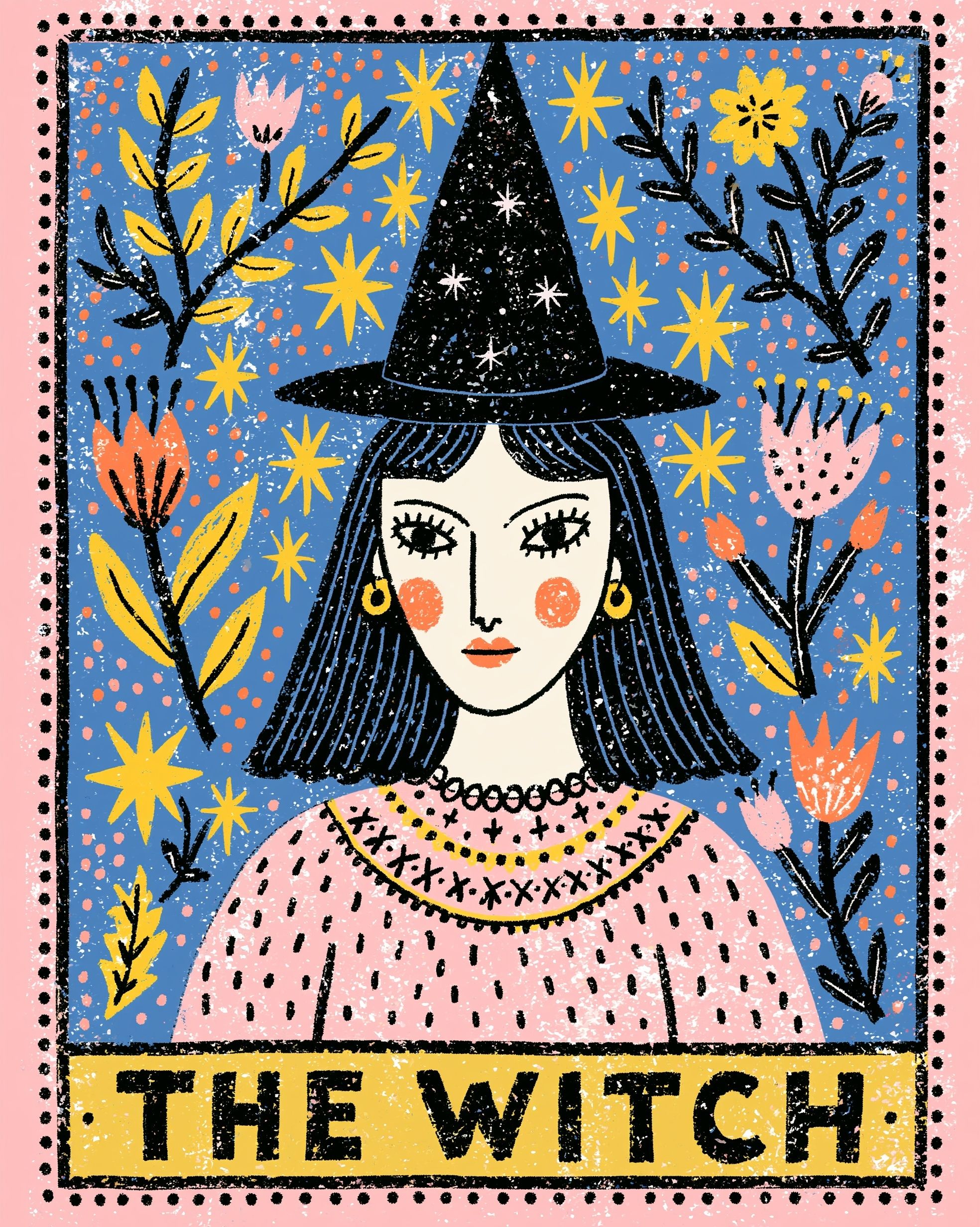 Eine Vintage-Art-Déco-Tarotkarten-Illustration mit einer schönen Hexe und dem Text 'DIE HEXE' in großen Buchstaben
