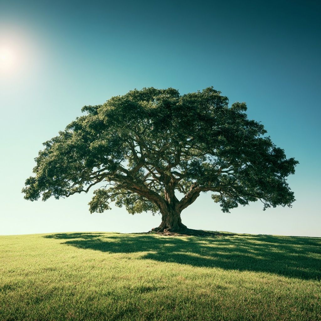 The image features a sunny lawn and a huge ancient tree