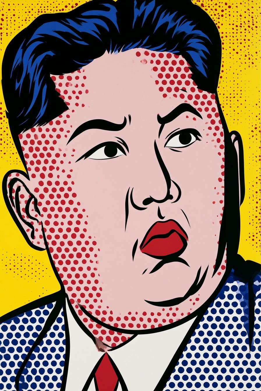 Pop-Art-Porträt von Kim Jong Un mit leuchtenden Farben und starkem schwarzen Umriss