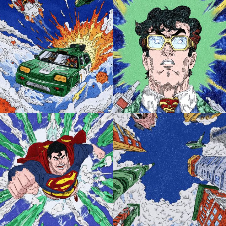 这是一幅以80年代/90年代漫画风格绘制的四格画，展示了超人和克拉克·肯特的动作场景