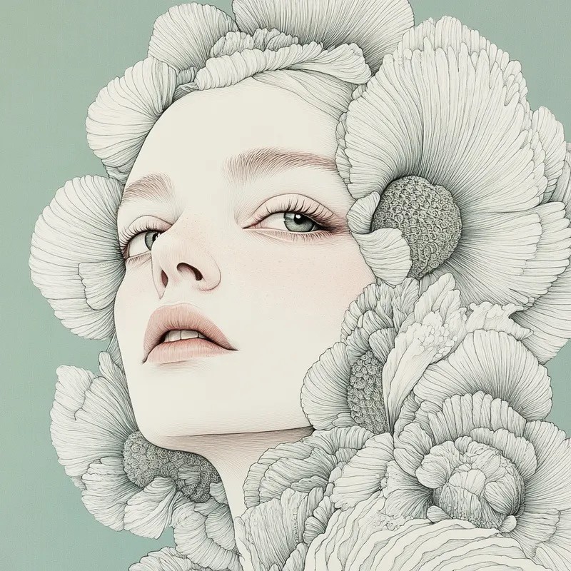 El dibujo lineal en estilo Art Deco presenta venas de plantas y formas de coral que rodean un rostro humano