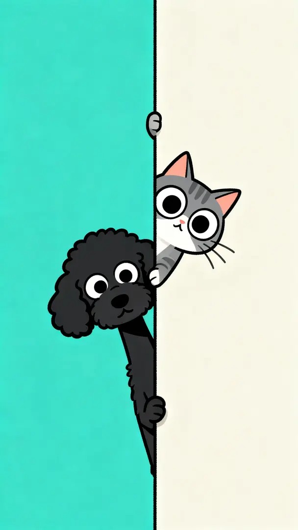 Um urso de pelúcia preto e um gato cinza espreitam de cada lado da parede