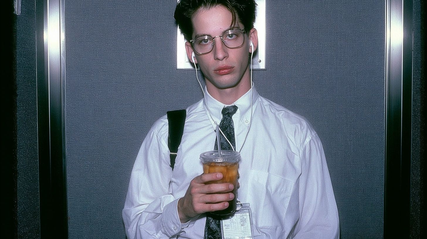 1990s office snapshot featuring a young worker with earphones holding iced coffee and staring into space