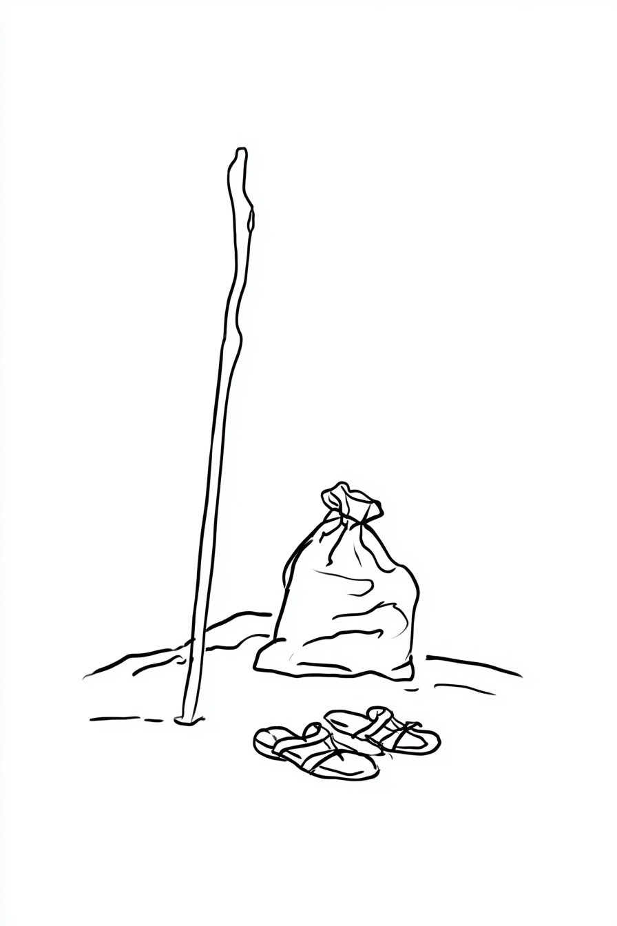 A walking stick, a cloth bag, and a pair of sandals left behind on the ground