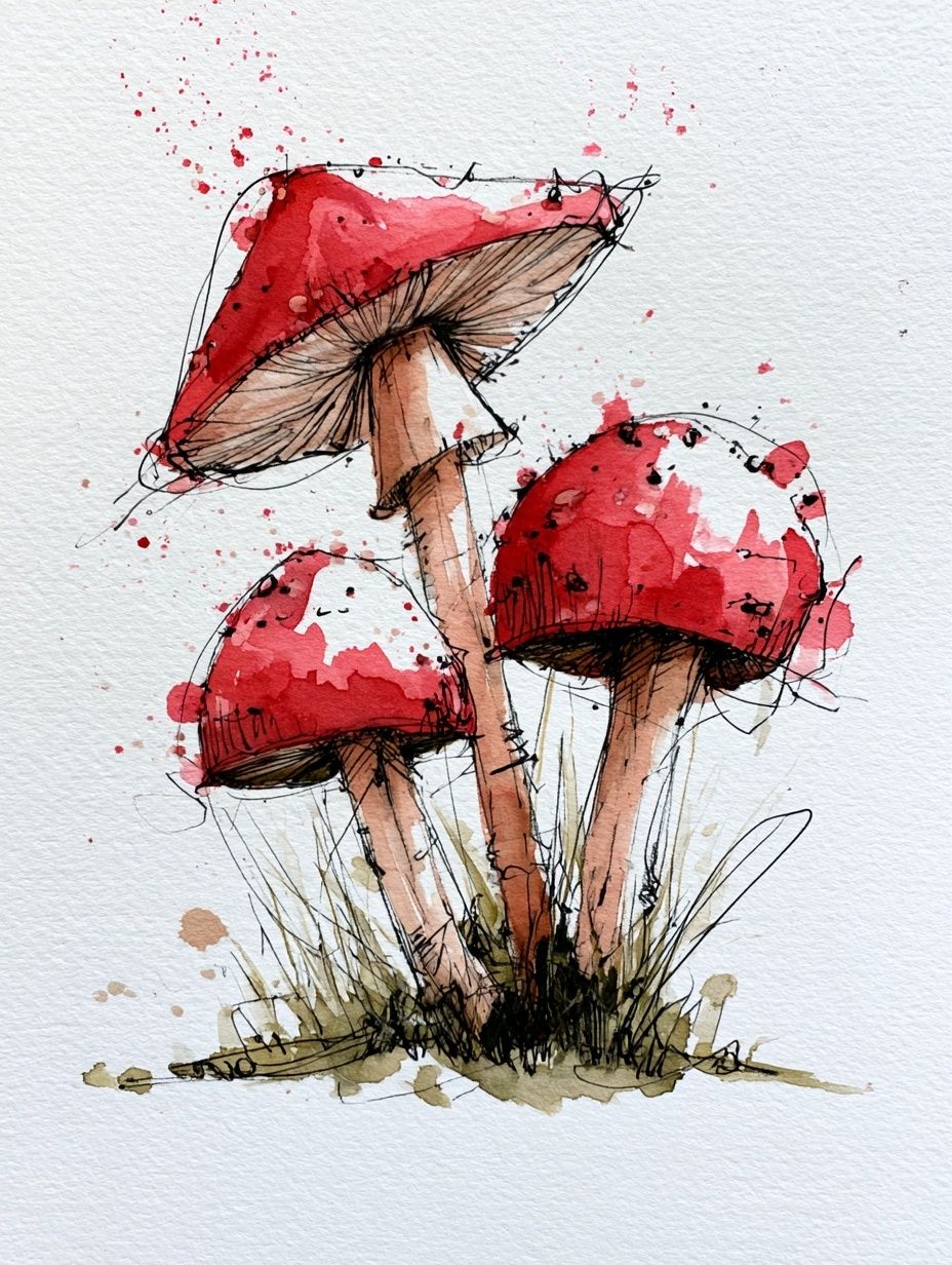 Une simple peinture à l'aquarelle de trois champignons rouges et blancs