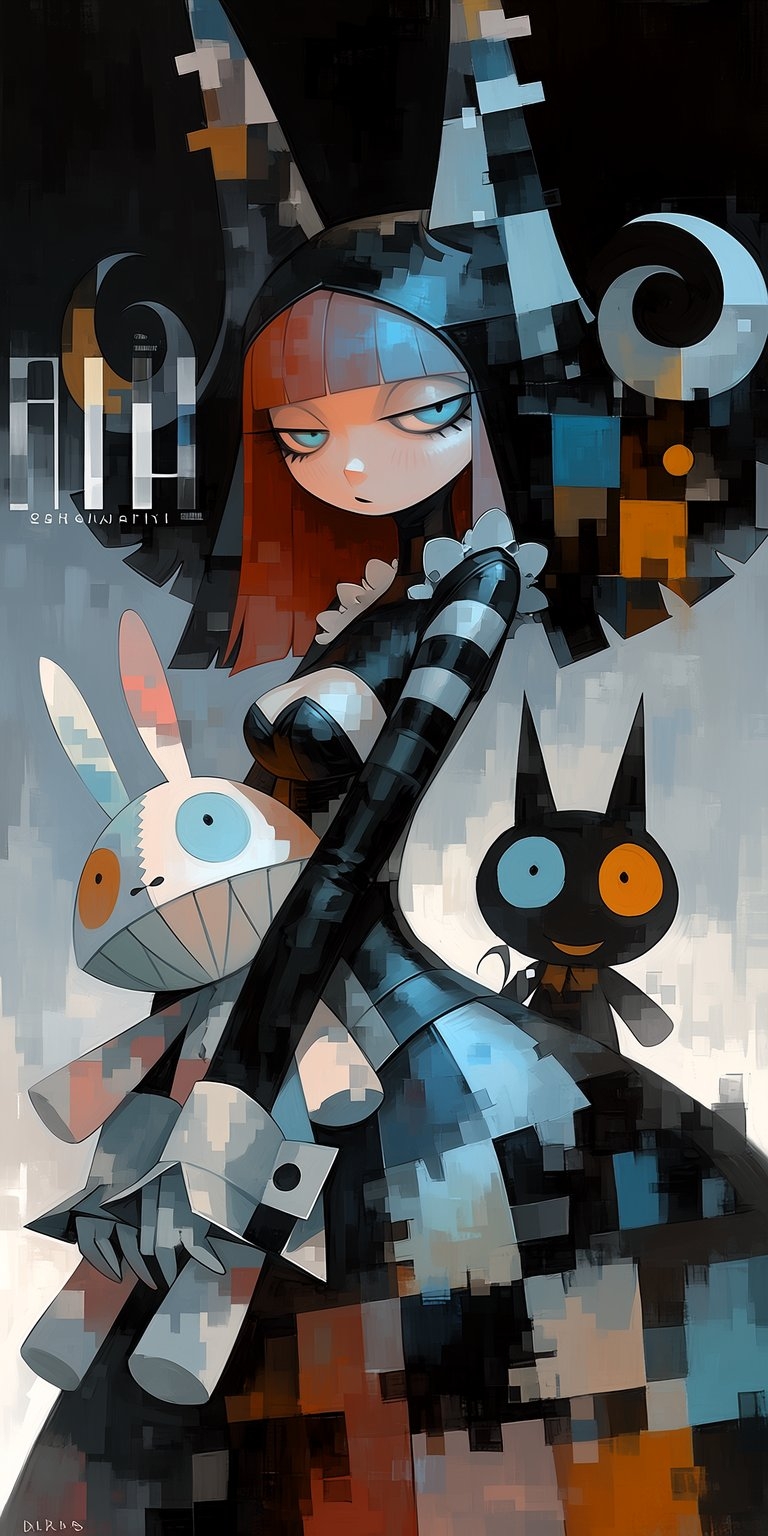 油画展现棕发女巫与黑白兔猫玩偶，构成三角形的几何拼接