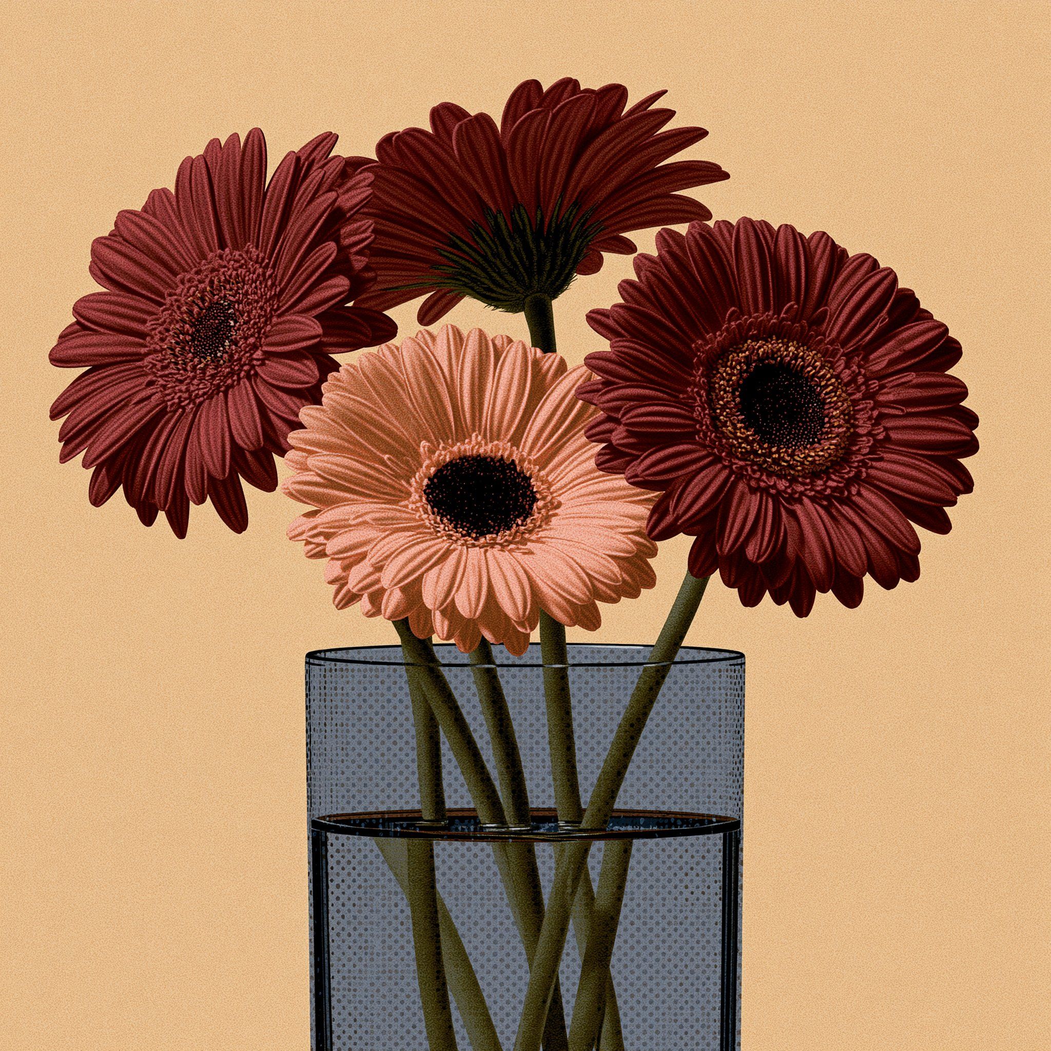 Una ilustración botánica vintage-moderna de cuatro gerberas en burdeos y melocotón