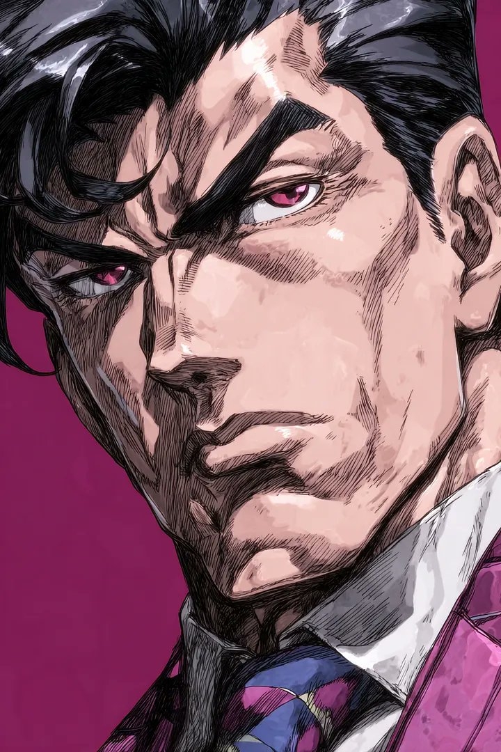 Ceci est un portrait intense dans le style classique de JoJo's Bizarre Adventure, mettant en avant un personnage en costume magenta avec une cravate flashy, dégageant une présence imposante