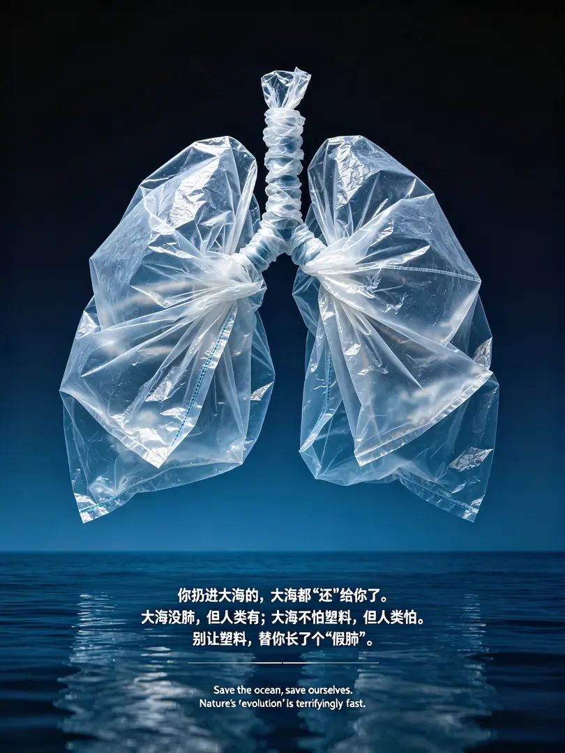 O cartaz apresenta surrealismo com um pulmão humano gigante feito de sacos plásticos, destacando o tema da proteção ambiental