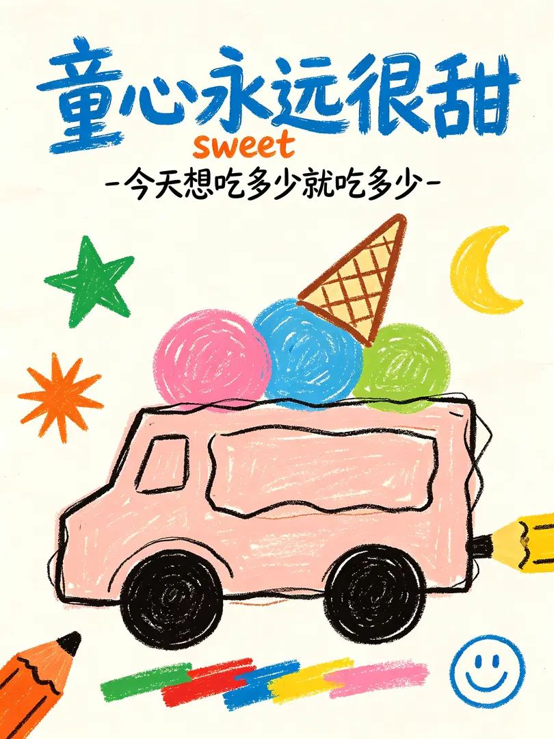 六一兒童節海報呈現抽象表現主義風格的歪扭冰淇淋車