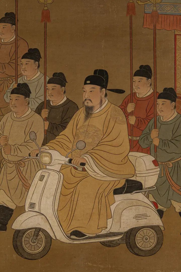 Northern Song style oil painting depicts a royal outing scene from the Tang Dynasty with the emperor and guards riding an electric bike