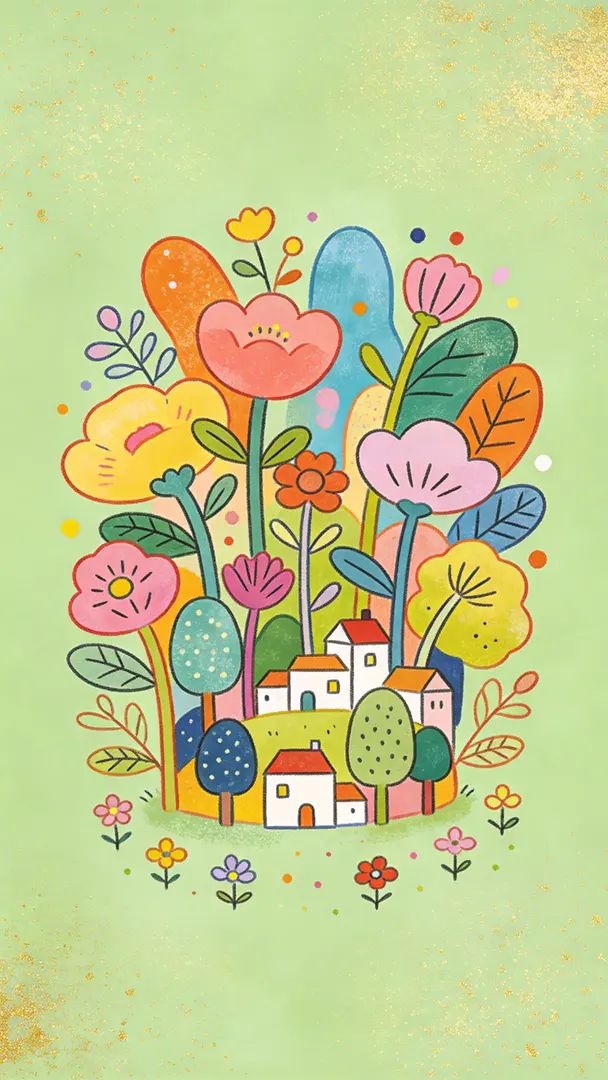 A ilustração apresenta plantas em estilo cartoon e uma pequena aldeia em uma abordagem lúdica e curativa