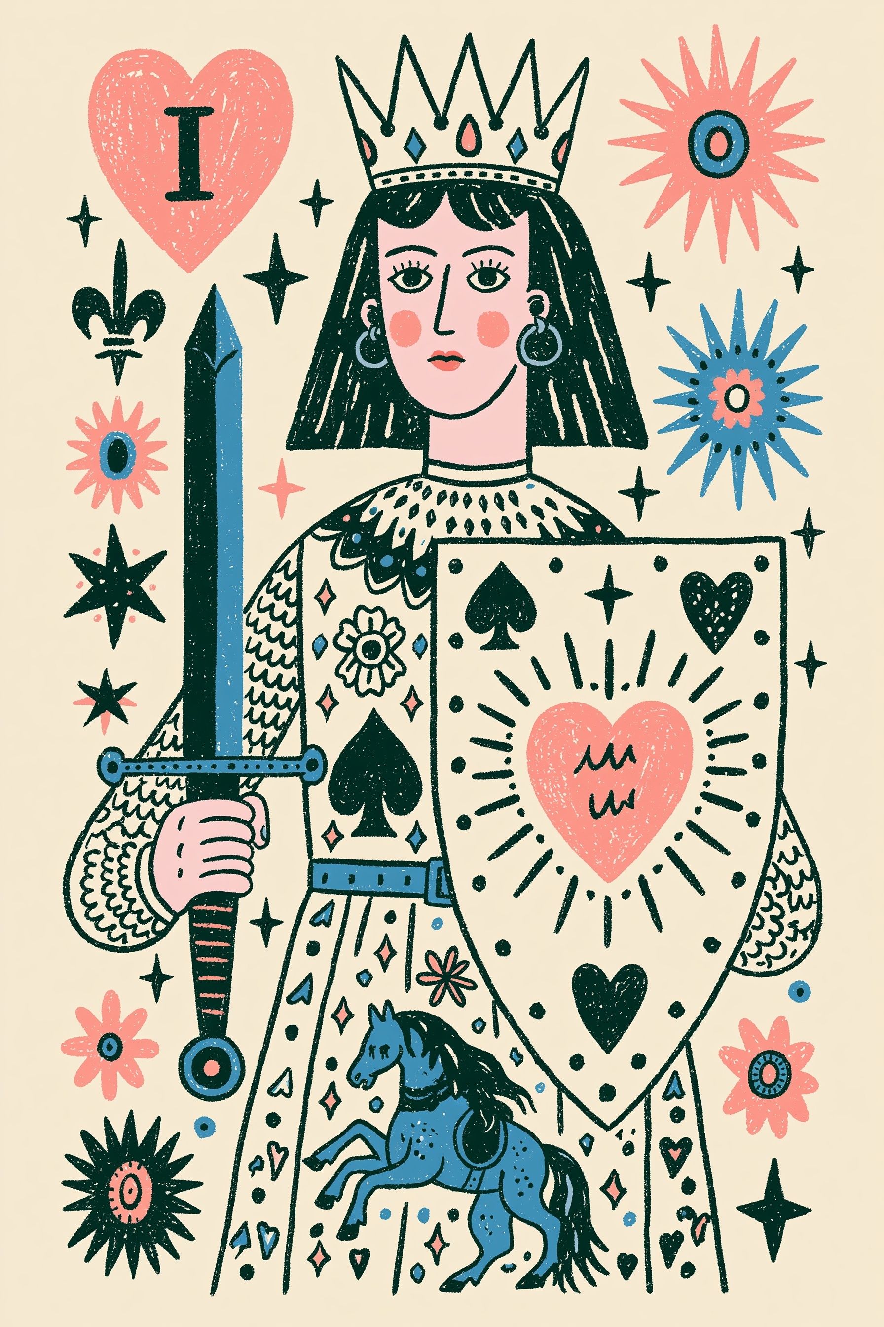 Hand drawn illustration expressing love for the USA in blue and muted pink tones