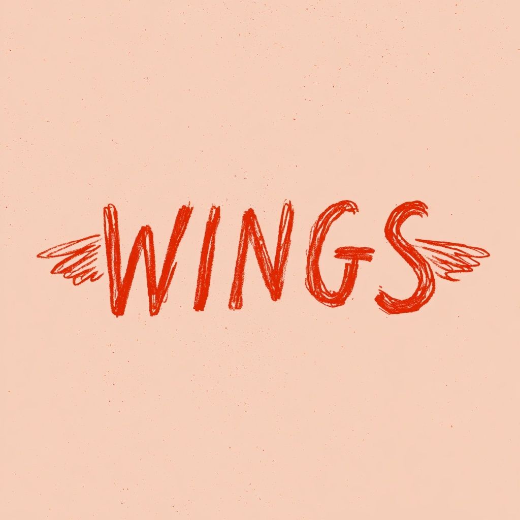 A minimalist hand-drawn logo for 'WINGS' in red and rose pink tones