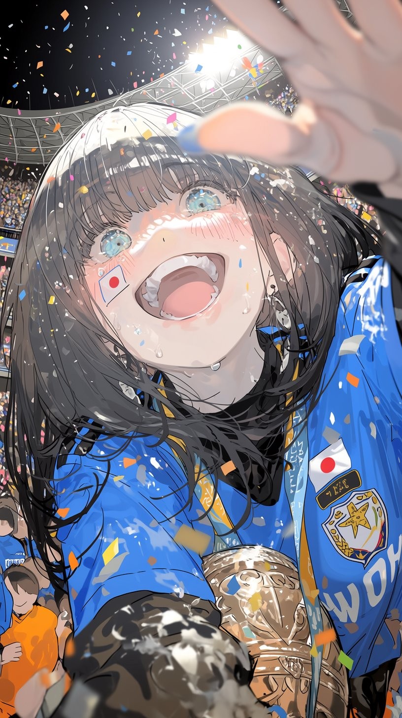 Una aficionada del equipo nacional femenino de Japón celebra con el trofeo de la Copa del Mundo en un estadio de noche, con la cara pintada con una bandera del sol naciente y vistiendo una camiseta azul intensa