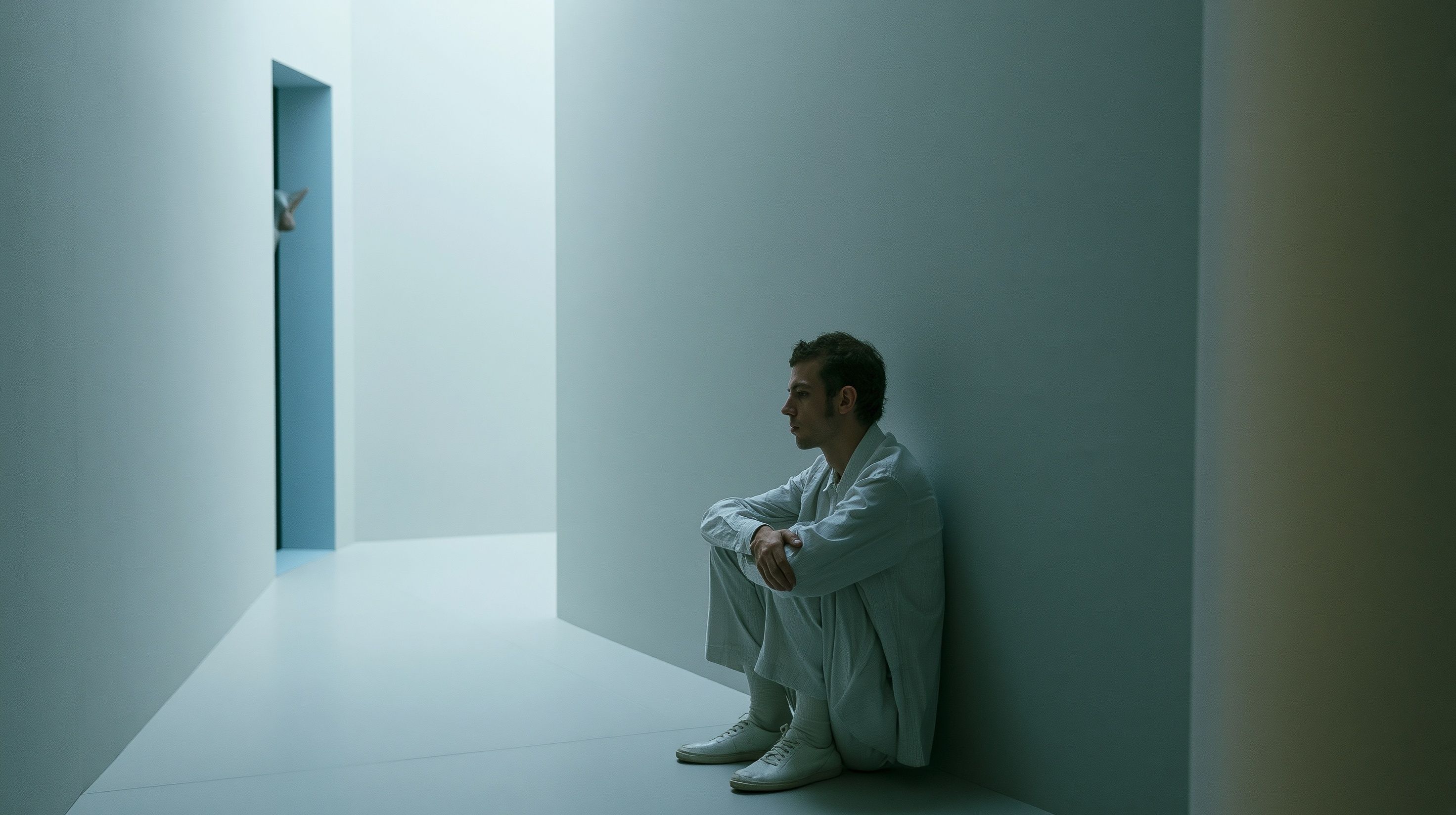 Um jovem se sente perdido e insatisfeito em um ambiente de design Bauhaus minimalista