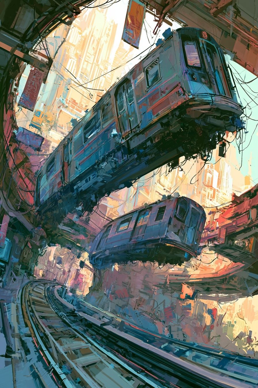 Flying subway cars move dynamically in a curve