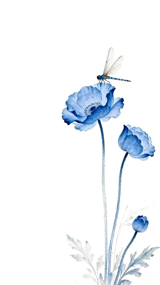 There are blue poppies and a dragonfly in the lower right corner