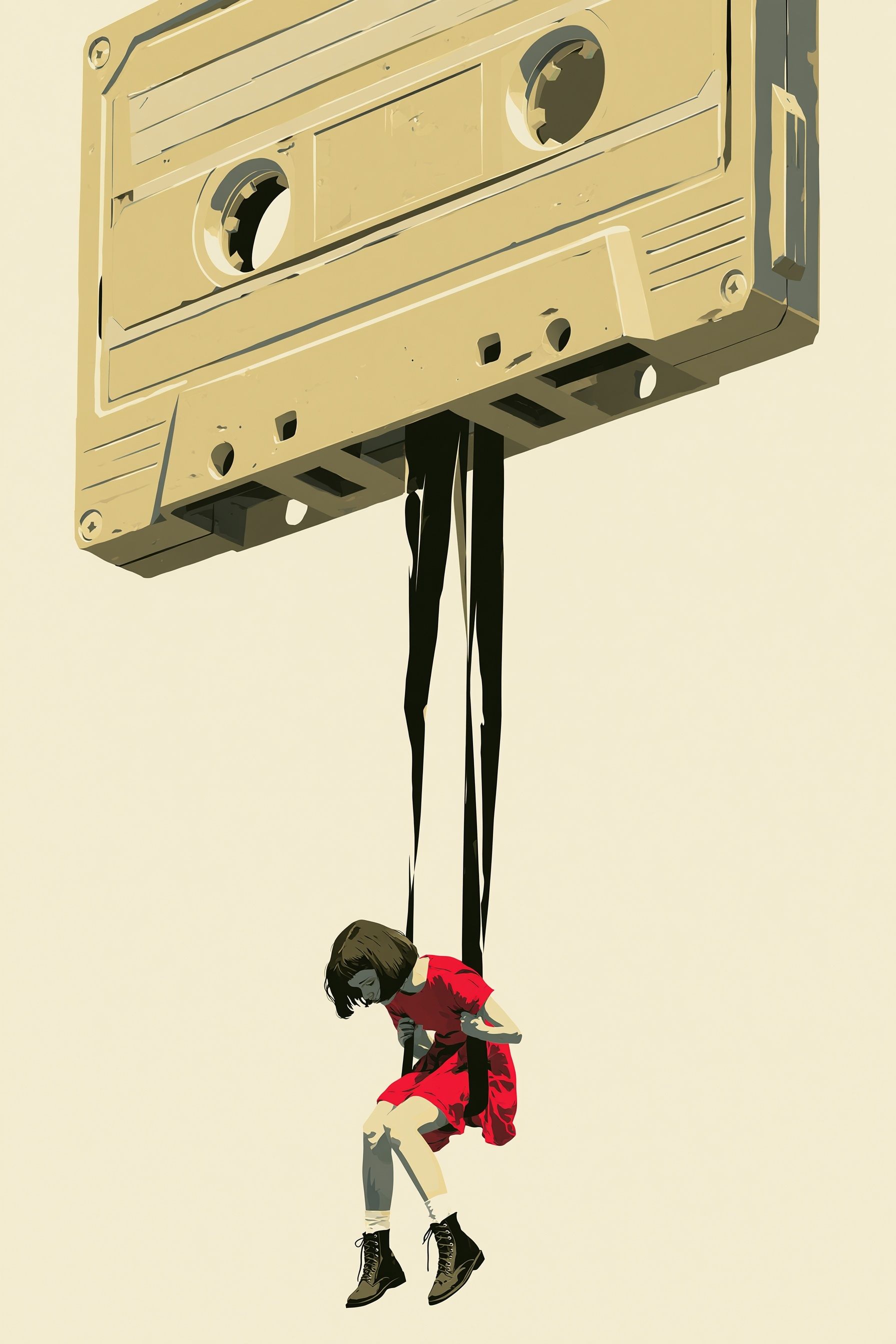 A tiny girl in a red dress is sitting on a giant vintage cassette tape