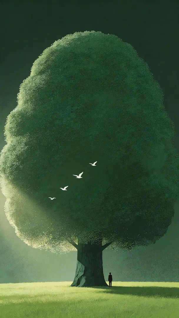 Une œuvre d'art minimaliste mettant en scène une gigantesque canopée verte foncée avec des textures délicates