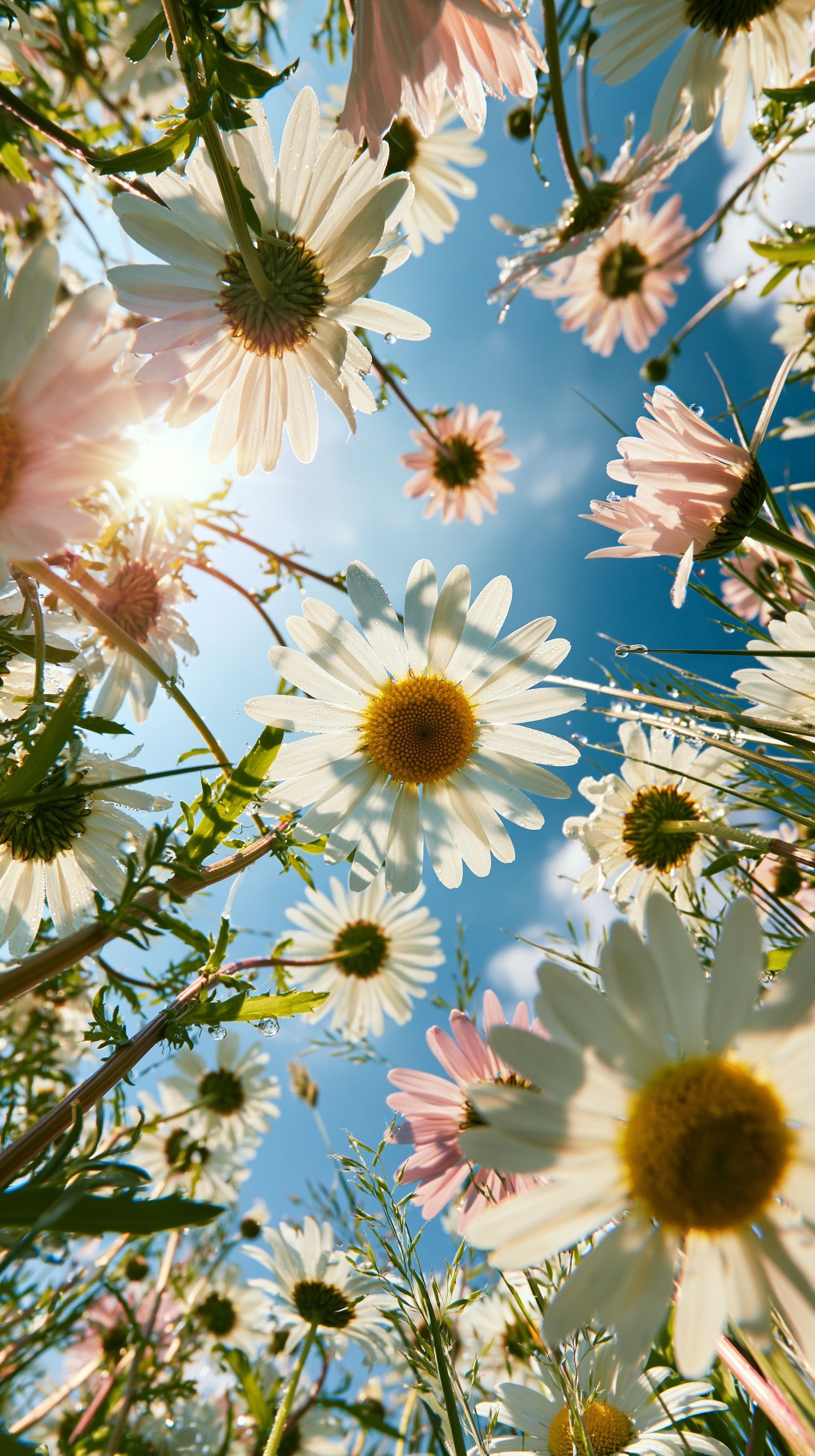 Low-angle view of a daisy field looking up at the blue sky and white clouds