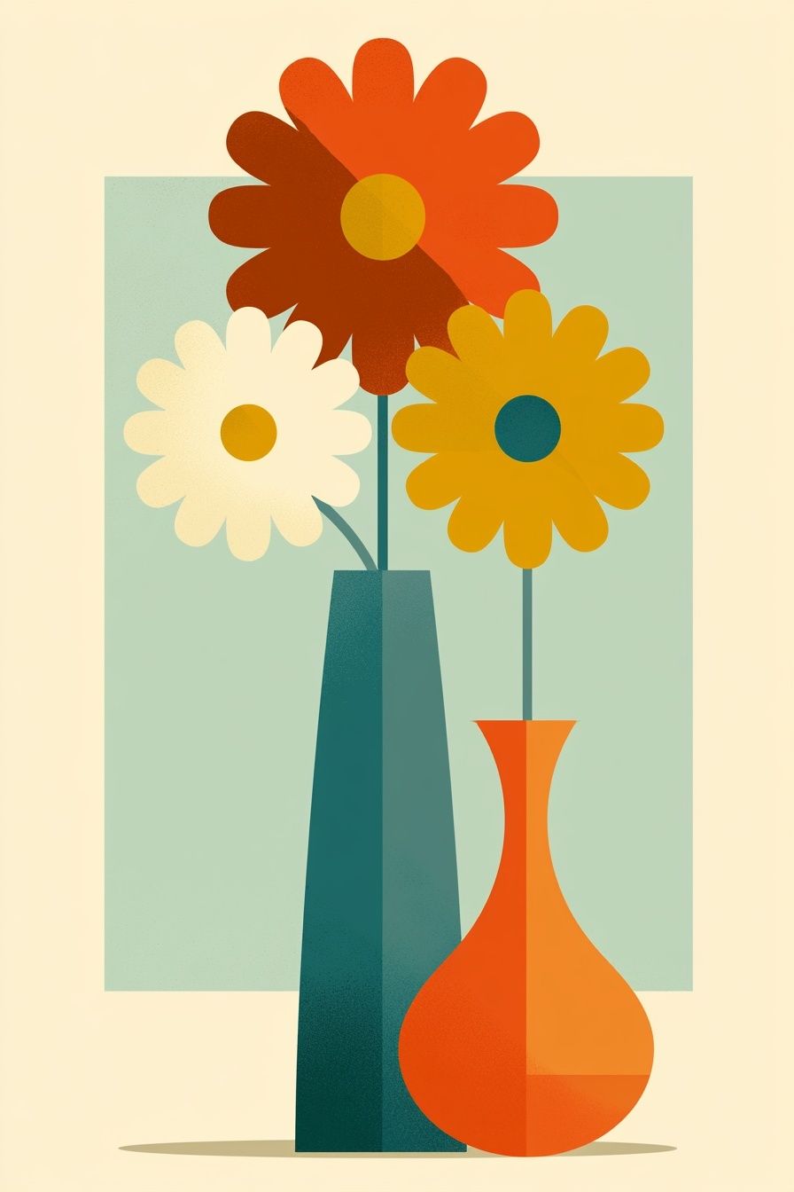 A geometric illustration featuring three daisies in a vase