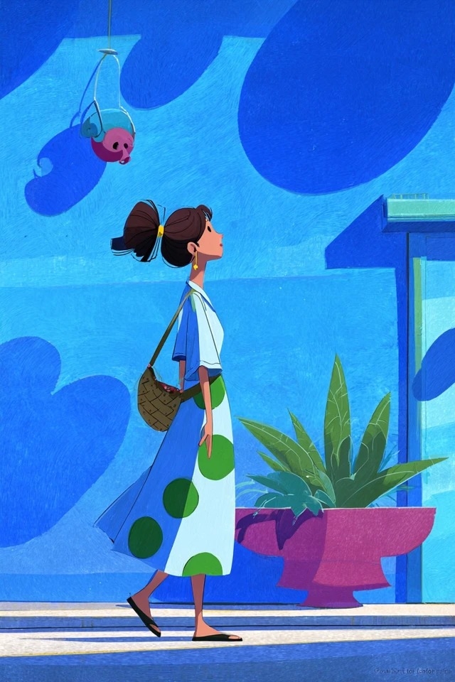 Bold flat illustration with saturated cobalt and sky blues, accented by emerald and magenta, suitable for lifestyle and travel content