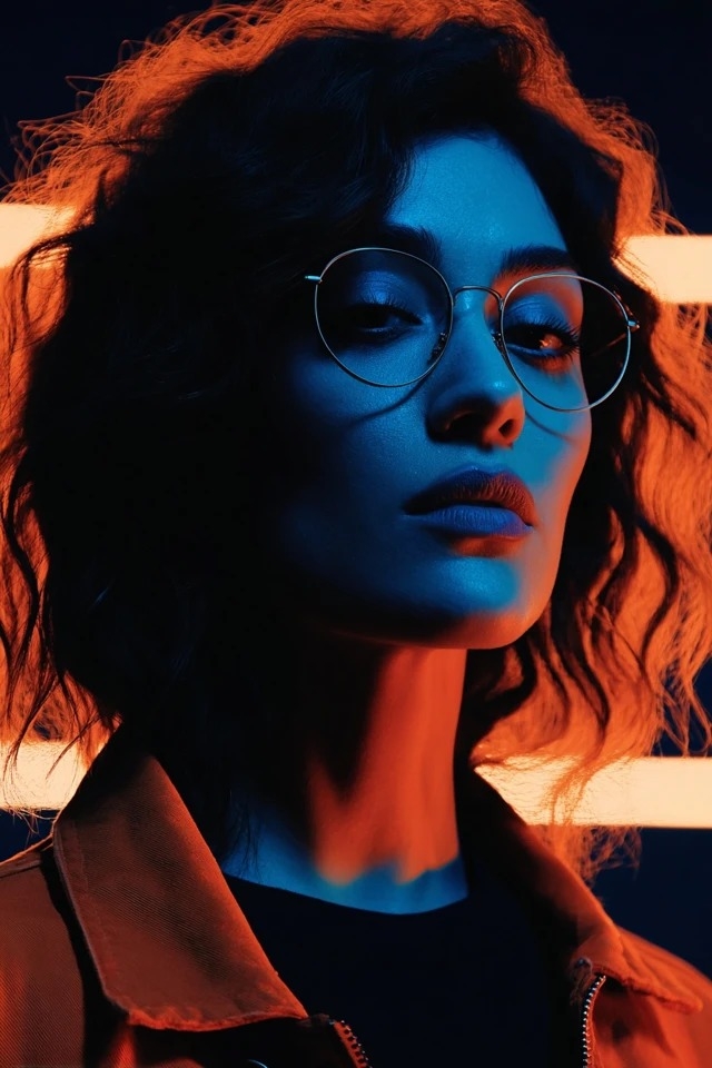 Retrato cyberpunk de alto contraste com iluminação laranja-teal