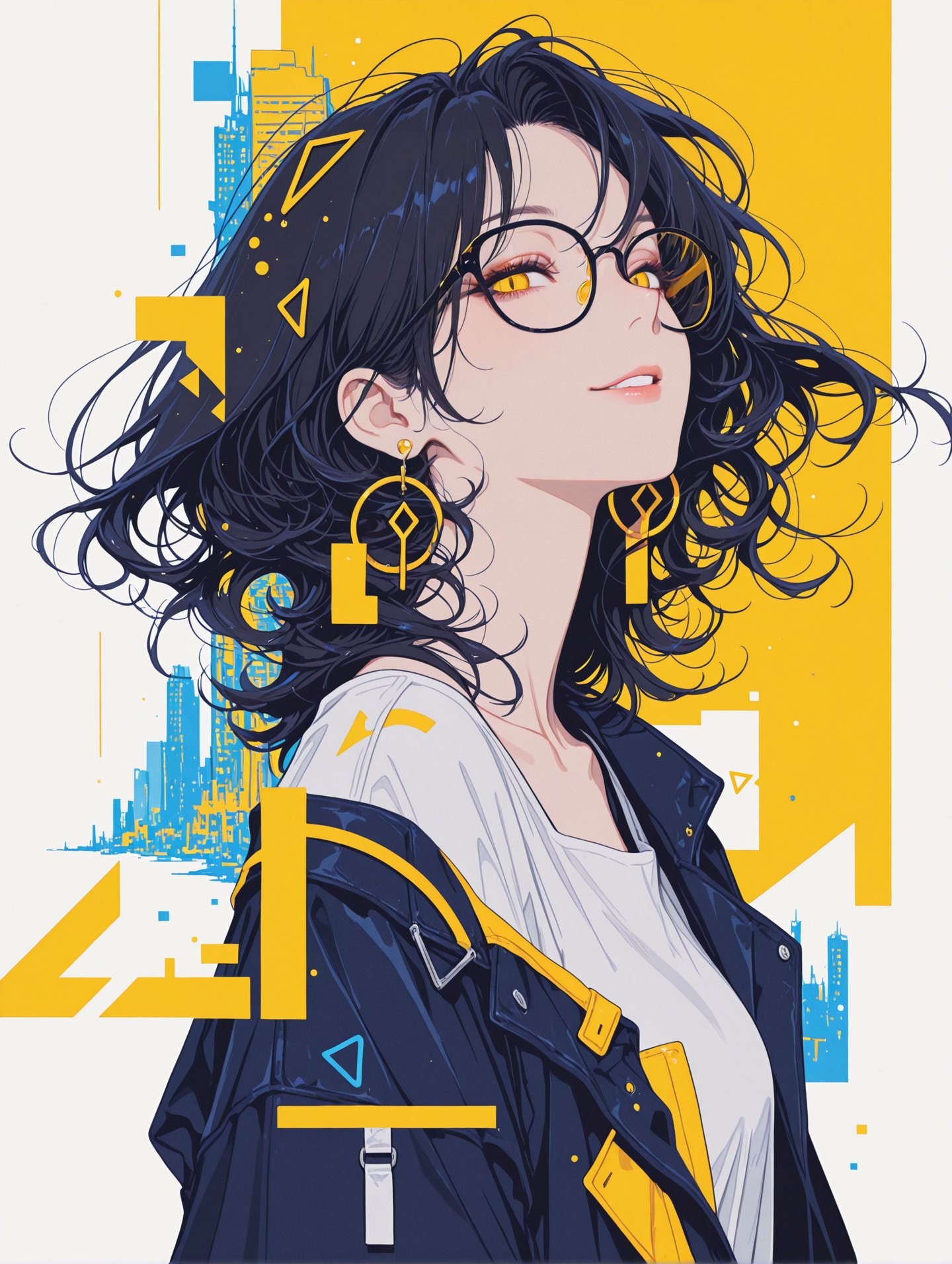 现代动漫插画融合图形设计元素，表现出时尚都市风格
