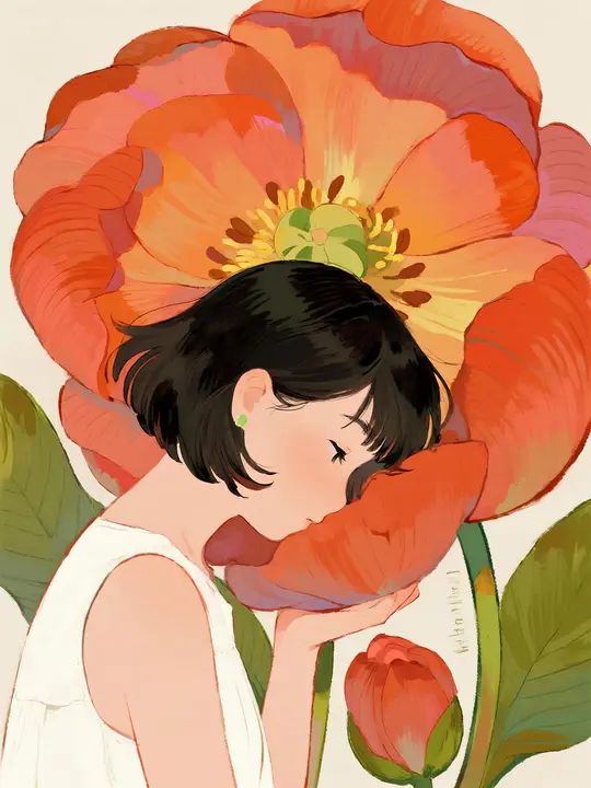A girl and a giant flower portrayed in a complex line drawing with a healing style