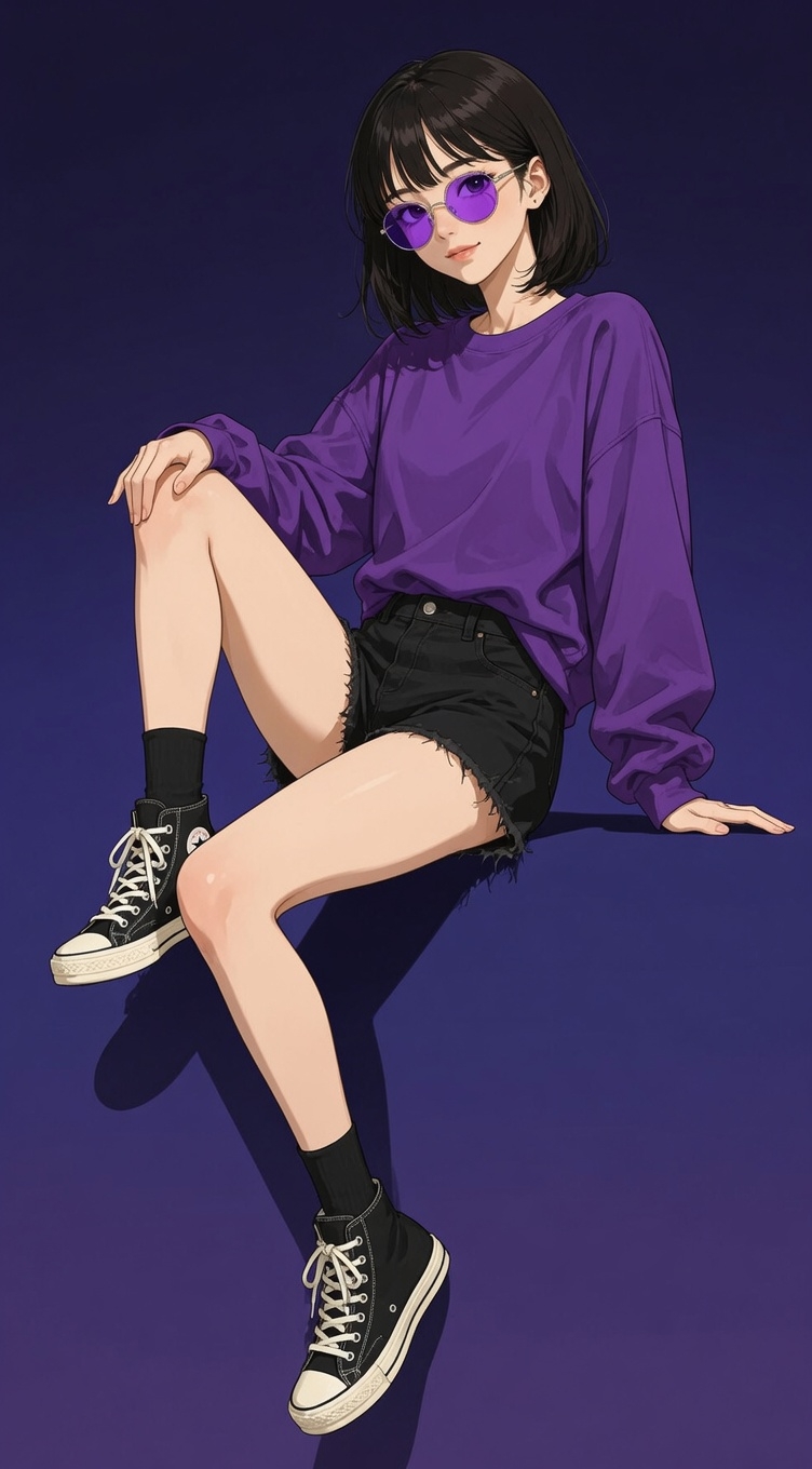 时尚插画展示了一位身穿宽松紫色卫衣和黑色破洞牛仔短裤的街头风格人物