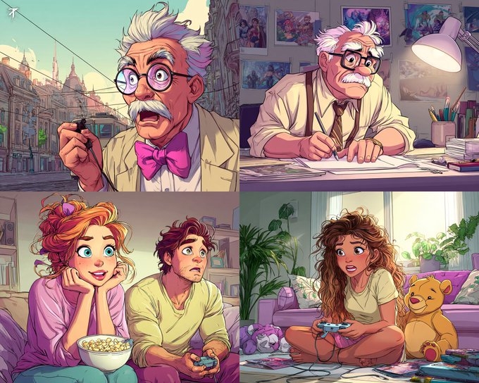 Four panels depict a scene of an elderly man and a young couple's life