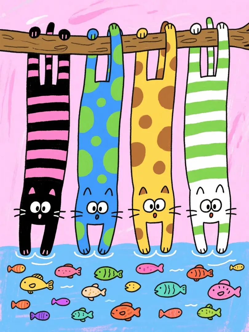Cuatro gatos de dibujos animados cuelgan boca abajo de una rama, mientras nadan peces de colores