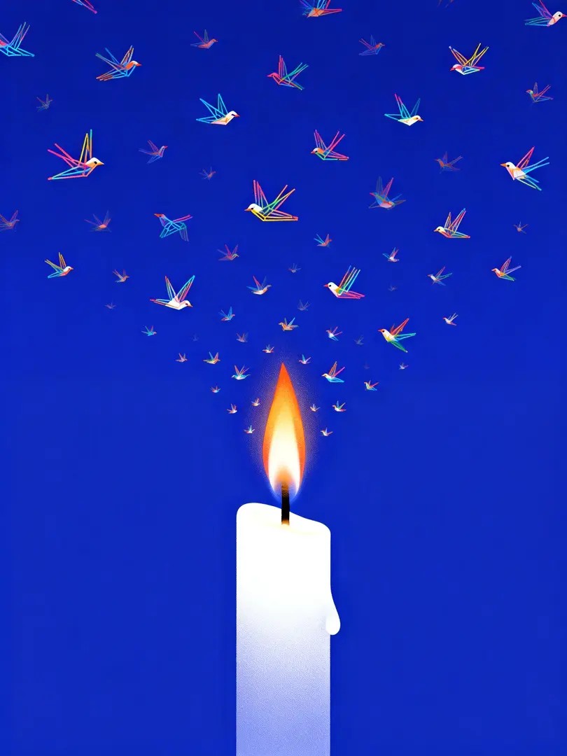 The Cyril Devaux style poster features a huge burning white candle and colorful birds