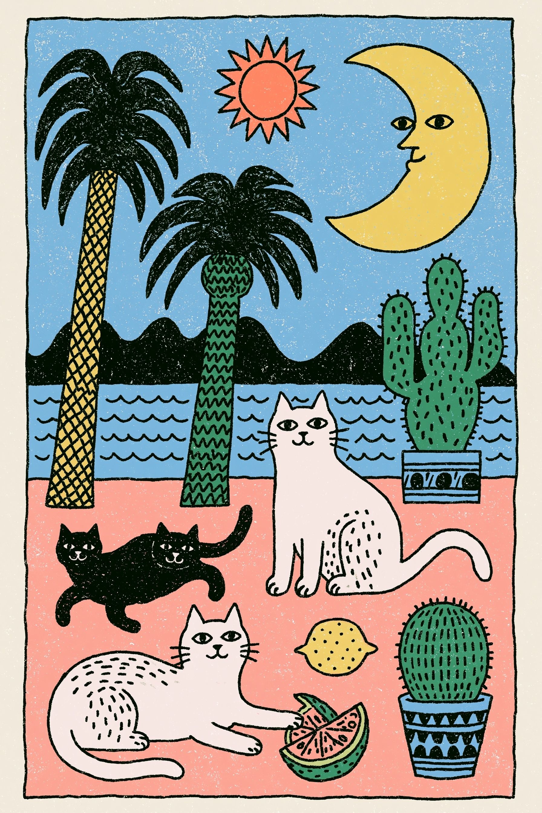 Minimalistische Illustration mit spielenden Katzen und retro-mediterraner Plakatästhetik