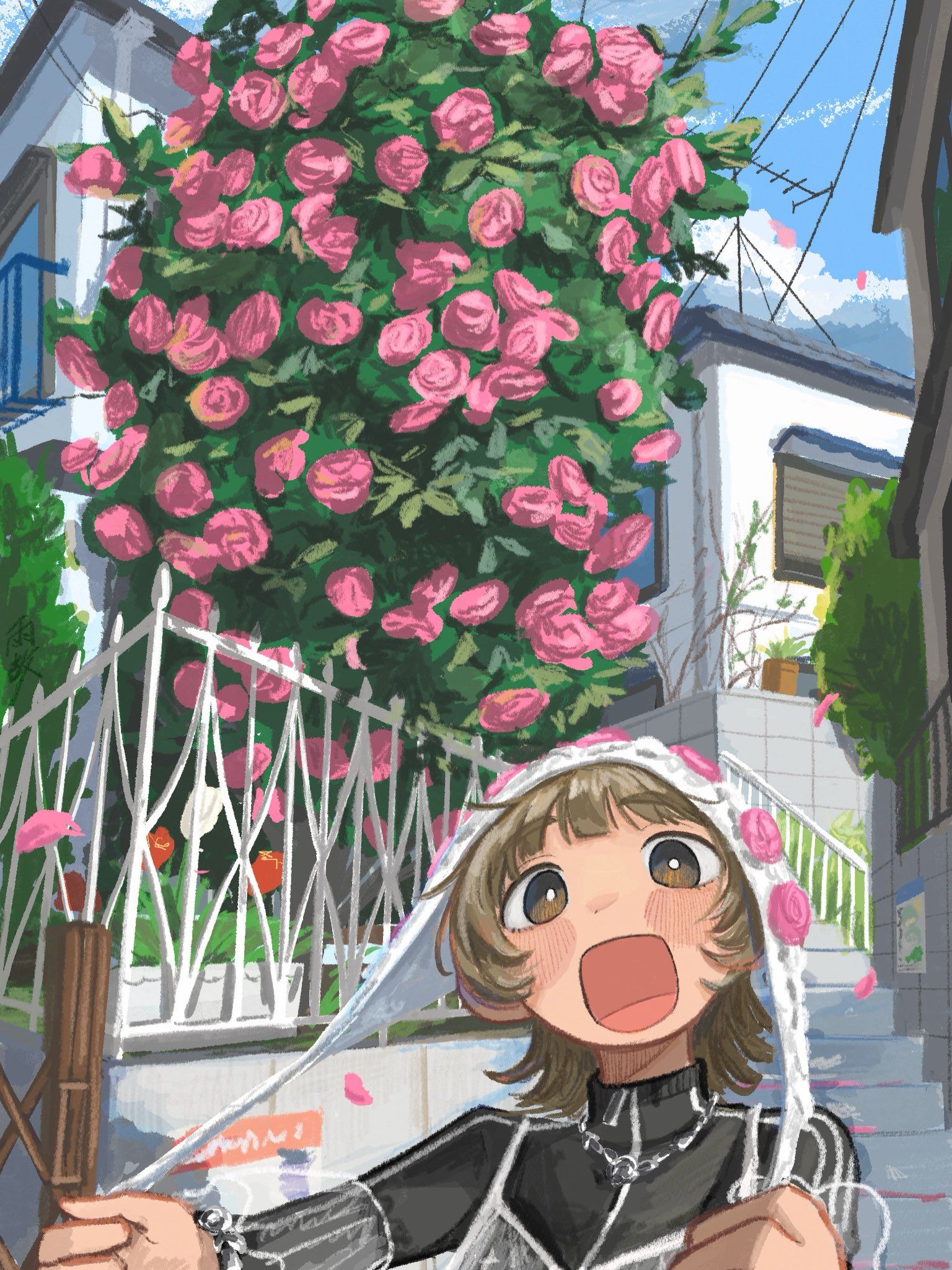Esta ilustração exibe um estilo de manga japonês contemporâneo com cores vivas que combinam cenários urbanos e plantas vibrantes