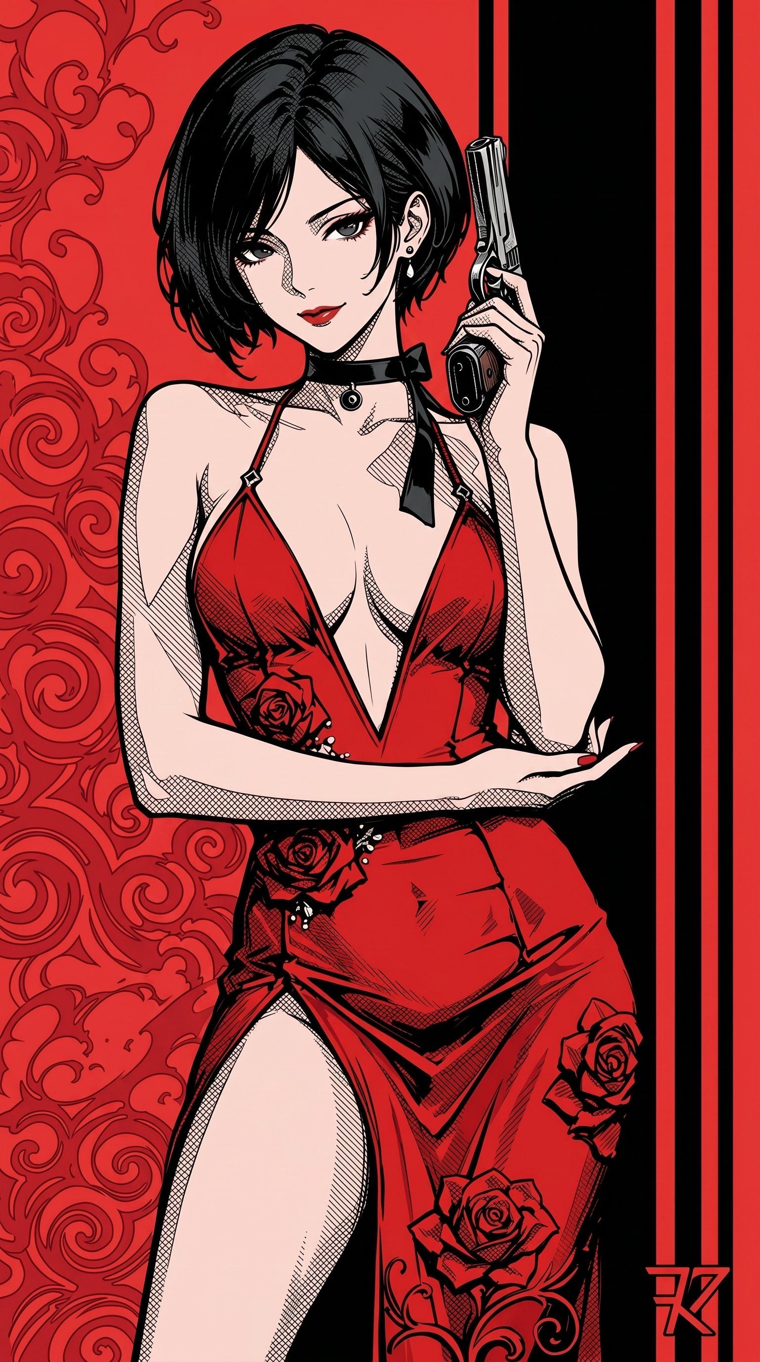 Ada Wong en un cheongsam rojo sosteniendo una pistola