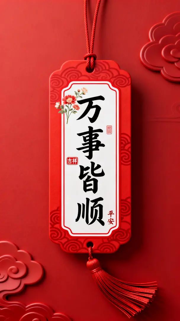 Design de papel de parede no estilo chinês com fundo vermelho apresentando selos de auspicioso e paz