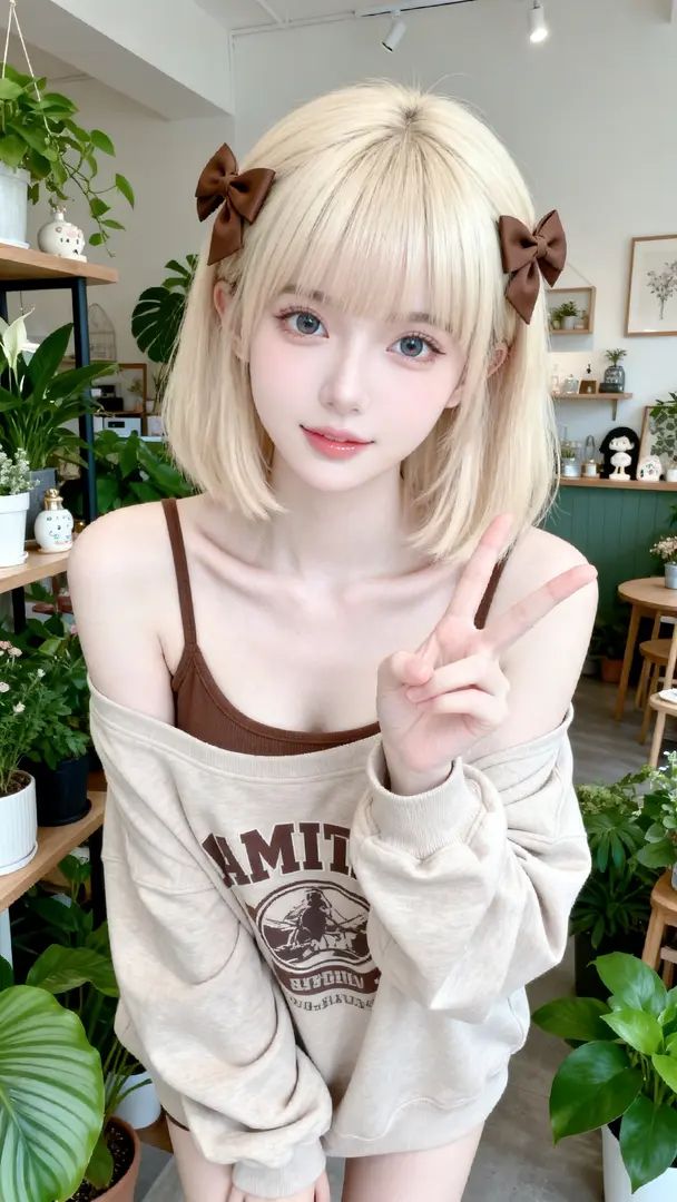 귀엽고 달콤한 스타일의 소녀가 캐주얼한 티셔츠를 입고 있다
