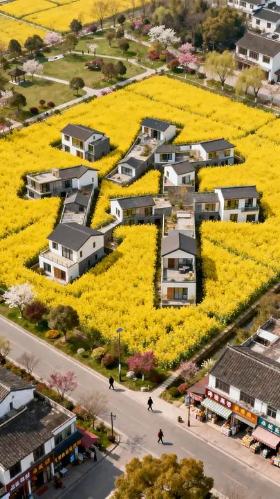 La posada en forma del caracter 'Xu' está rodeada de flores de colza doradas, brindando un entorno vibrante y tranquilo