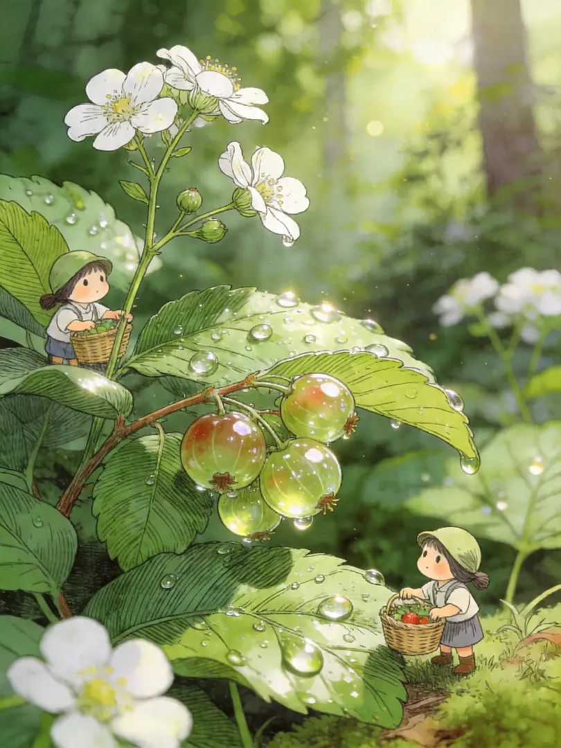 朝の陽が照らす森の中で、小さな人々が光沢のある野生の果実を集めている