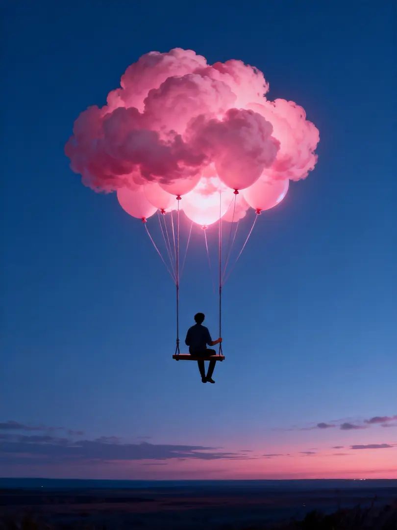 Dans un crépuscule bleu, une personne est assise sur une balançoire faite de ballons de nuages roses