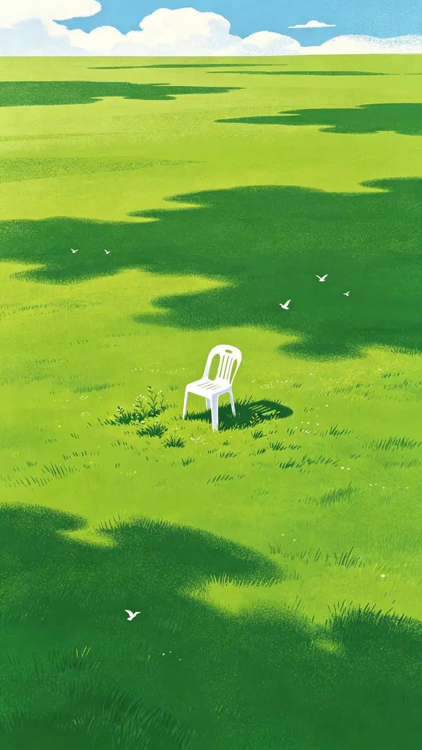 Eine minimalistische Illustration einer grünen Ebenen mit einem weißen Kunststoffstuhl in der Mitte