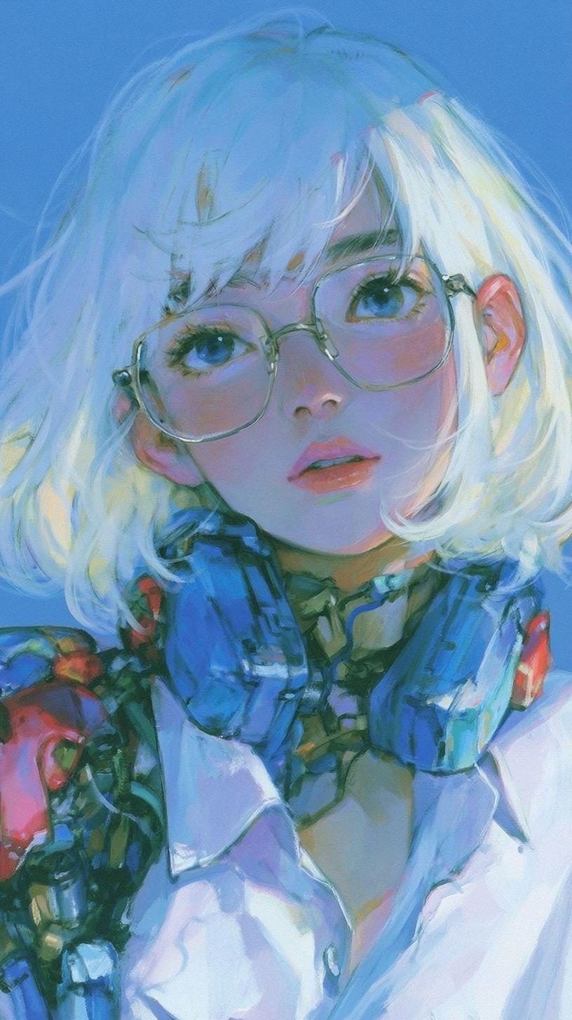 A half-length portrait of a young woman with white hair and thin-rimmed glasses, her body made of complex machinery, exuding a futuristic vibe