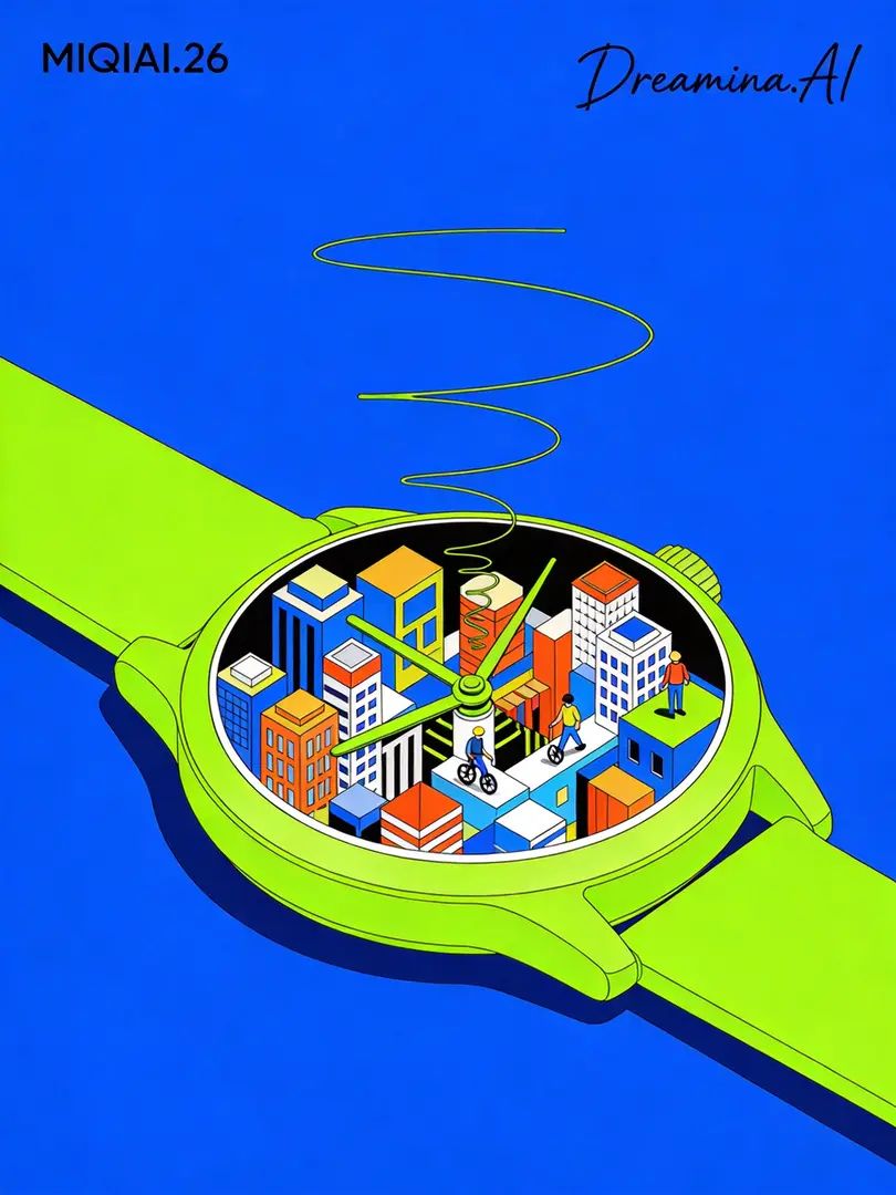 Eine minimalistische Pop-Art-Illustration, die die Stile von Erika Zolli und Amose vereint, zeigt eine verzerrte Stadt und surreale Charaktere
